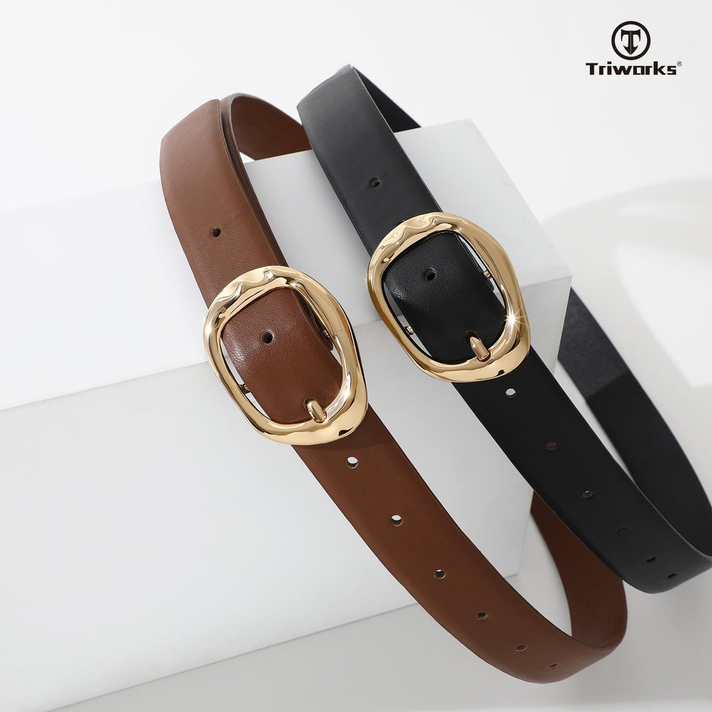 TRIWORKS 2 Pack Leather Belts for Women Fashion Waist Belt with Liquid Shapes Women Belt for Jeans Pants Dresses