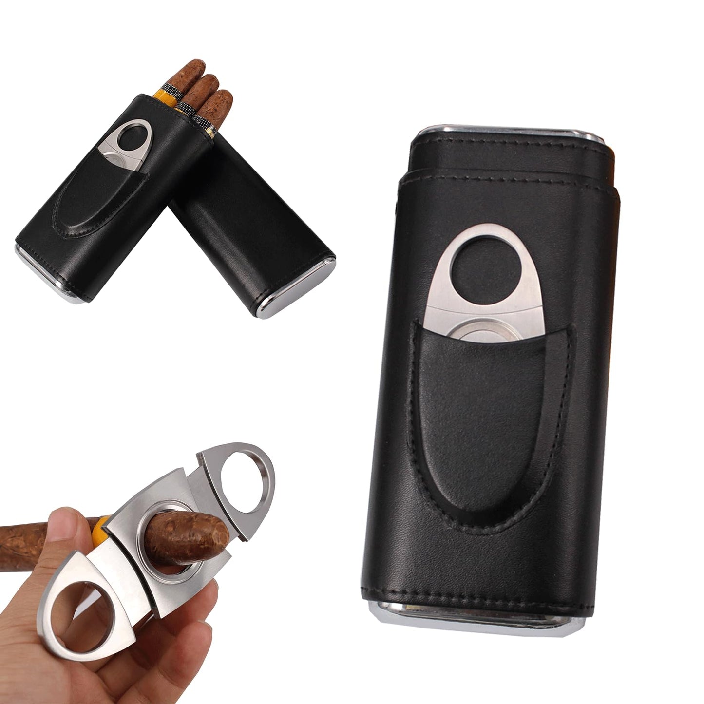 AMANCY Classic Black Leather 3 Fingers Cigar Case with Cedar Wood Lining, Jacket Pocket Suitable Travel Cigar Humidor Holder Silver Stainless Steel Cutter Contained