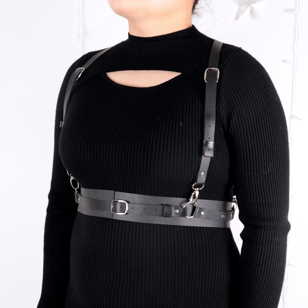 ALLOVME Leather Chest Harness Adjustable Body Harness Plus Size Waist Belt Body Chains Fashion Chest Belt Punk Gothic Rock Body Harness Women Costume Accessories for Rave, Festival, Nightclub