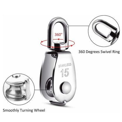 YAMASO,2Pcs 304 Stainless Steel M15 Silver Single Pulley Block Wire Rope Hanging Wire Towing Wheel