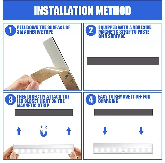 LED Closet Light, 10 LEDs Dimmer USB Rechargeable Motion Sensor Light Under Cabinet Lighting, Wireless Stick-Anywhere Night Safe Light Bar for Wardrobe,Kitchen