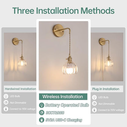Battery Operated Wall Sconce with Clear Tulip Shade Pattern Glass Adjustable Chain Retro Gold Wall Mounted Light, Modern Wall Decor for Bedside Bedroom Indoor Doorway， Set of 2