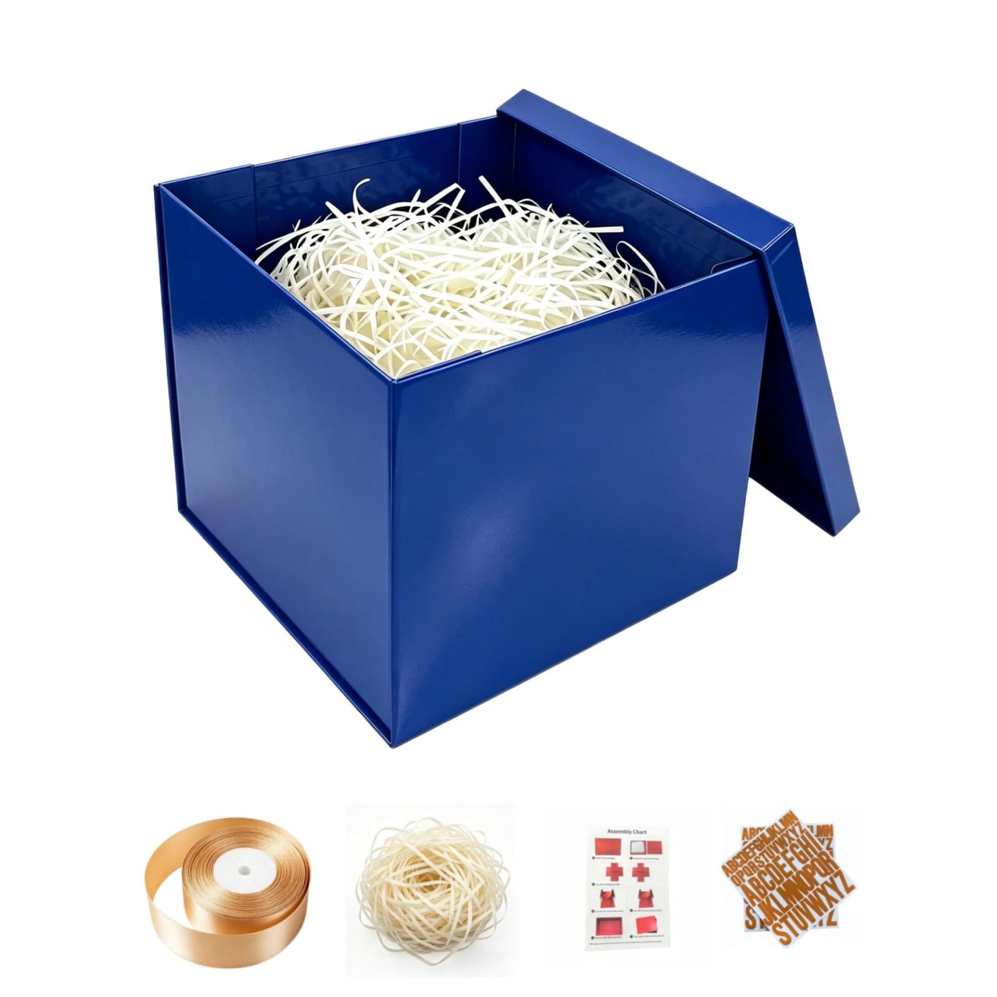 PACKGILO Gift Box 10x10x8 Inches，Blue Gift Box with Lid for Christmas，Anniversary，Birthday，Square Boxes with Crinkle Paper，Ribbon，Alphabet Stickers