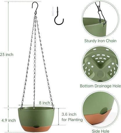 Set of 2 8 Inch Self Watering Hanging Planters for Indoor Outdoor Plants, Color Blocking Hanging Baskets Flower Pots with Drainage Hole & Removable Water-Storage Tray and 20" Chain Hanger