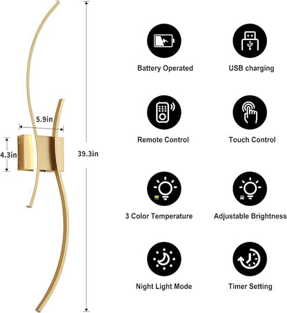 Battery Operated Wall Sconces with Remote Control, Stepless Colors 3000K-6000K & Dimming, LED Gold Wireless Wall Light for Living Room, Hallway, Bedroom, 39.3 Inch (1 Pack)