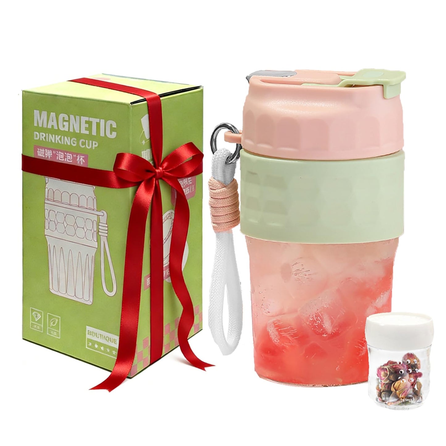 Toycol Portable Glass Bottle with Magnetic Tea Infuser, 18 OZ Water Cup with Removable Carry Strap & Insulation Sleeve, One Button Brewing for Loose Leaf Tea, Great Gift Idea for Women (Pink)