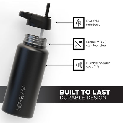 IRON °FLASK Camping & Hiking Hydration Flask with 3 Lids - Stainless Steel, Double Walled & Vacuum Insulated Water Bottle - Leak Proof & BPA Free (Midnight Black, Straw - 32 oz)