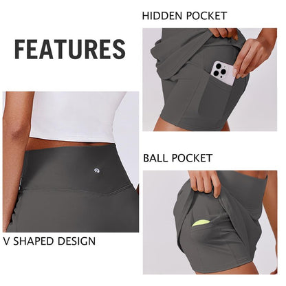 PINSPARK Golf Skirts for Women V Waisted Tennis Skorts Lightweight Athletic Skirt Stretchy Workout Skort with Pockets, Dark Grey XXL