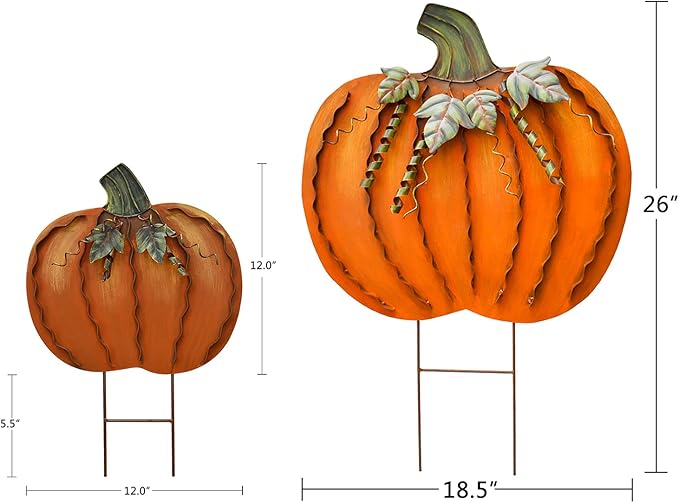 Metal Pumpkin Stakes Yard Signs Fall Decor Decorative Garden Stake Lawn Pumpkins Ornaments Outdoor Autumn Decoration for Harvest Halloween Thanksgiving (17.5" H+26" H Orange)