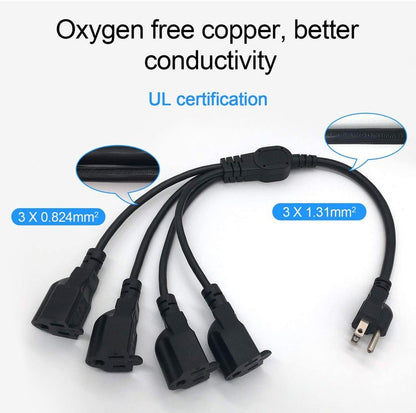 3 Prong 1-to-4 Power Cord Splitter, 20 Inch 4 Outlet Extension Cord Splitter, Y Style 4 Way Power Cable, Heavy Duty Indoor or Outdoor Cable Outlet Protector 16AWG (Black)