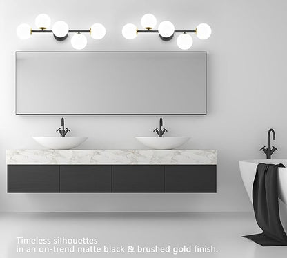 Mid Century Modern Bathroom Vanity Lights, 5-Light Bathroom Light Fixtures Black and Gold Bathroom Lights Semi-Flush Mount Ceiling Light, Wall Sconces Wall Light with Globe Frosted Milk Glass, G9 Base