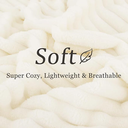 decorUhome Soft Fleece Cream White Twin Blanket for Bed, Cozy Fluffy Plush Flannel Striped Throws for Couch Sofa, Lightweight Decorative Ribbed Fuzzy Blanket for Woman, 60x80 Inches