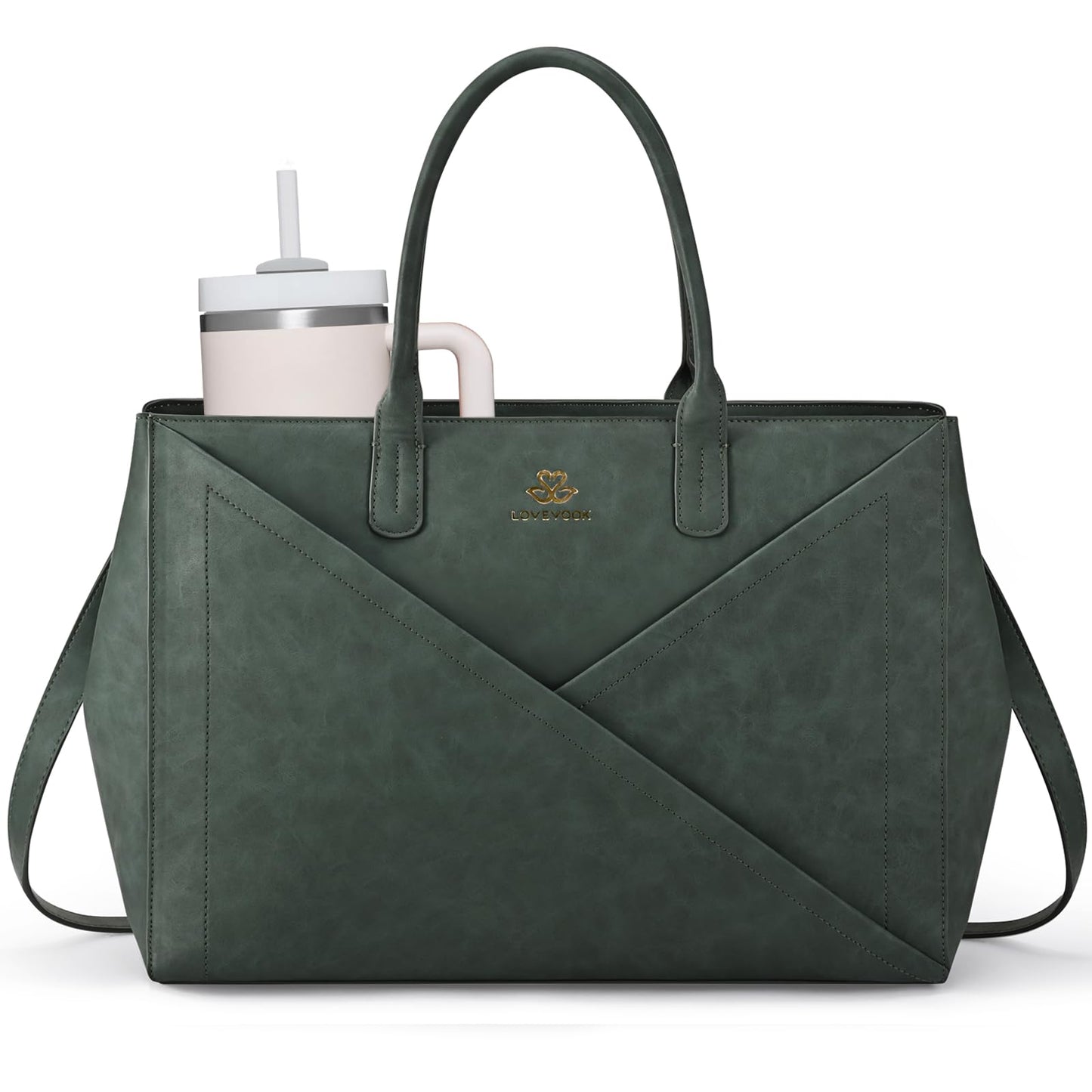 LOVEVOOK Laptop Tote Bag for Women with Large Cup Holder, 16 Inch PU Leather Work Bag Teacher Tote Bag, Waterproof Computer Bags Business Office Briefcase Handbag