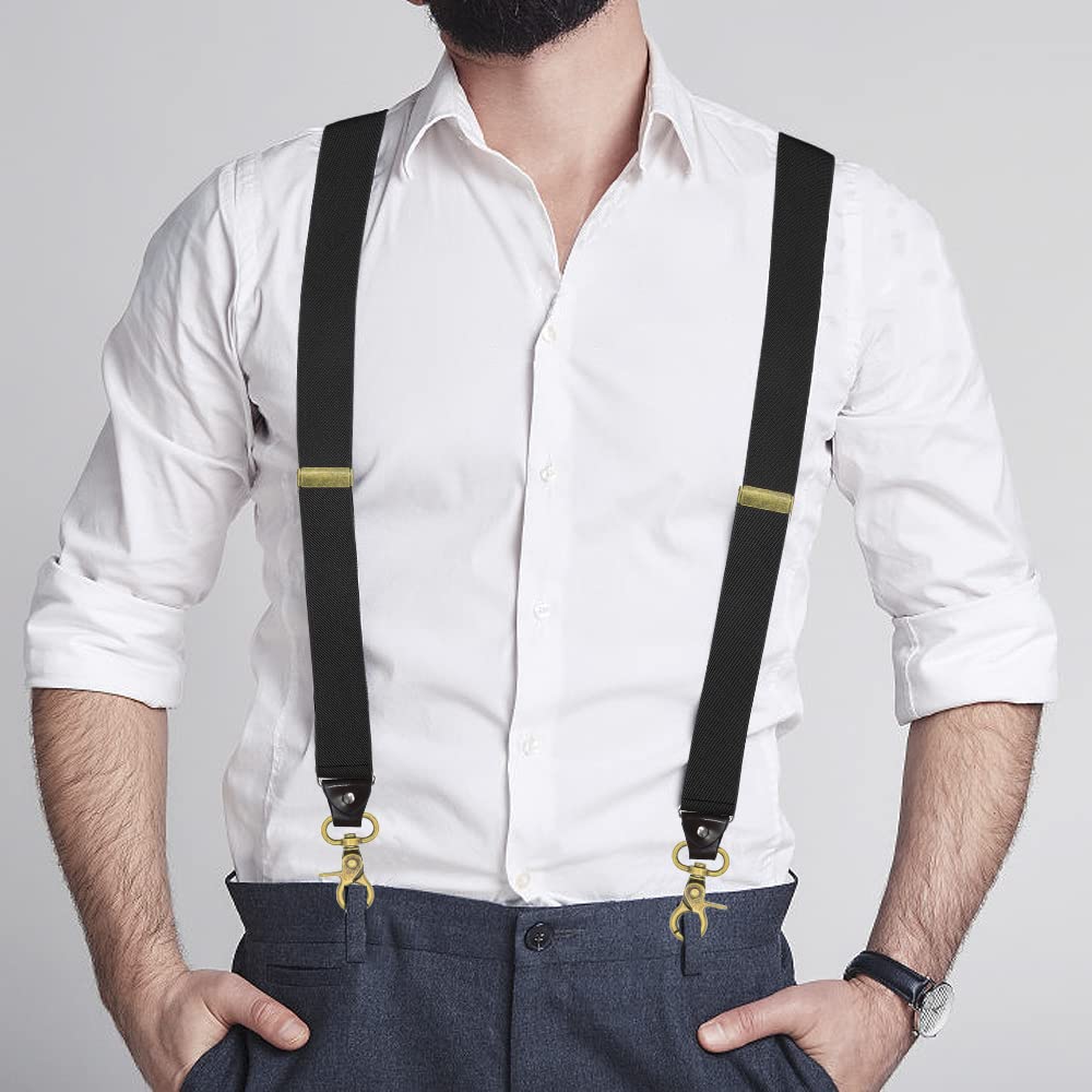 Vauhse Suspenders for Men, Adjustable Suspenders Gold Clip with Elastic Straps Y-Back Construction Heavy Duty for Work Gold Black