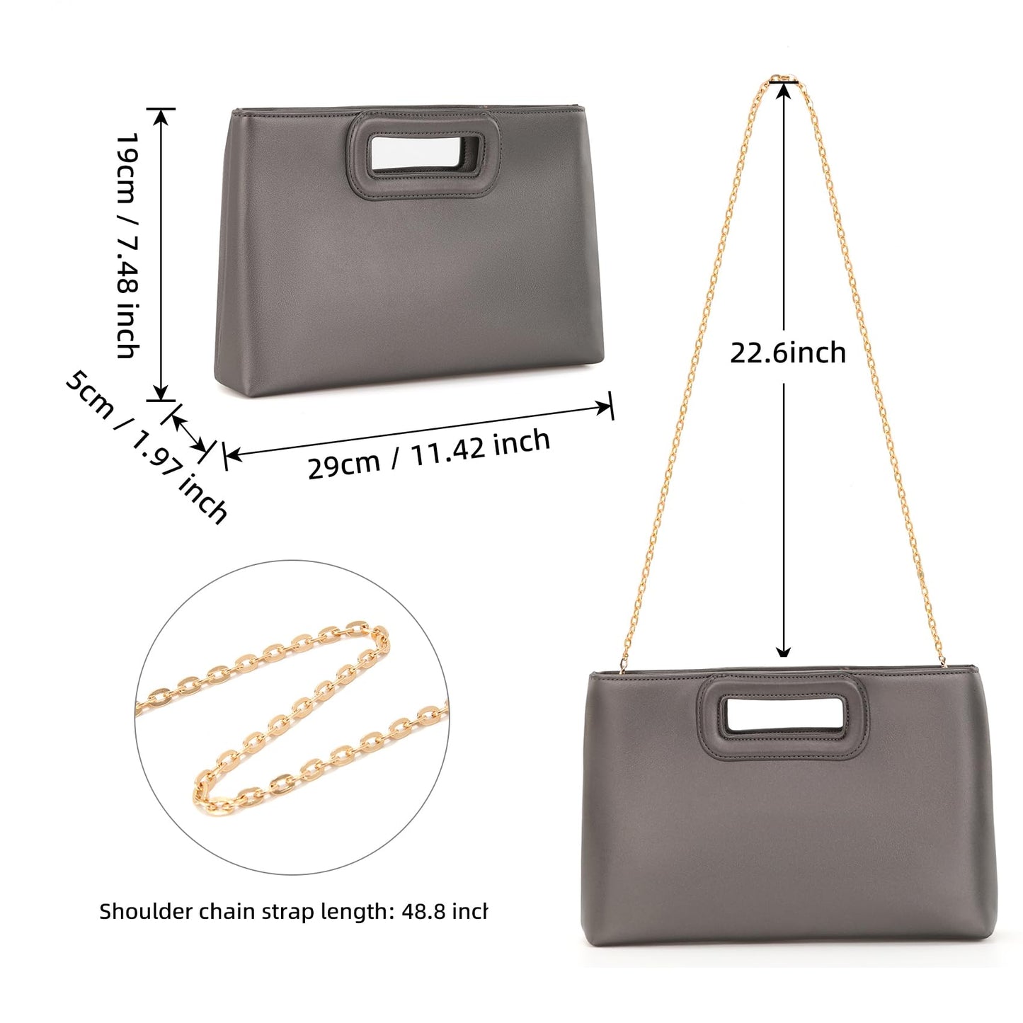 Soft PU Leather Clutch Purse for Women Top Handle Evening Handbags, Elegant Shoulder Crossbody Bag,Gray