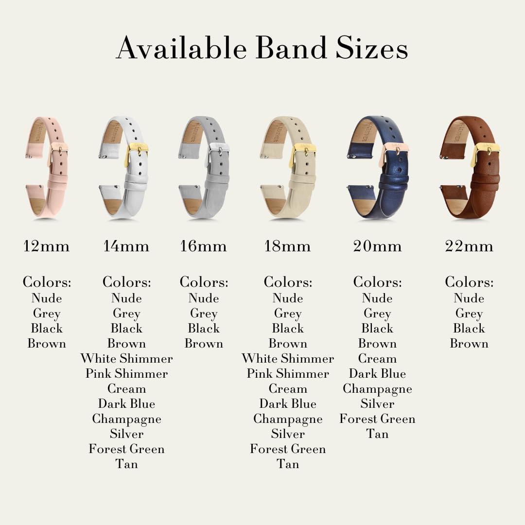 1302 Leather Watch Bands for Women and Men, Quick Release Watch Band, 12mm,14mm,16mm,18mm,20mm and 22mm Easy Interchangeable Strap (Silver Shimmer/Silver Buckle, 18mm)