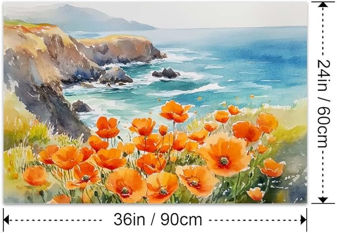 Yesad Poppies Wall Art, California Landscape Canvas Print, Coastal Wall Art Flower Pictures, Farmhouse Wall Decor for Living Room (Unframed, 36'x24', Poppy2)