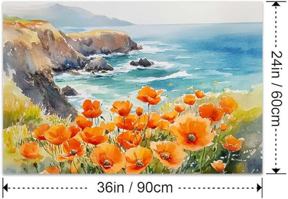Yesad Poppies Wall Art, California Landscape Canvas Print, Coastal Wall Art Flower Pictures, Farmhouse Wall Decor for Living Room (Unframed, 36'x24', Poppy2)