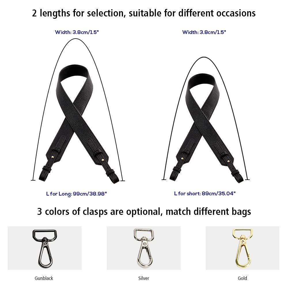 MOISTRI Grain Leather Purse Strap Adjustable Crossbody Replacement Straps for Handbags Monk Head Screws Detachable Gold Clasps Short Black