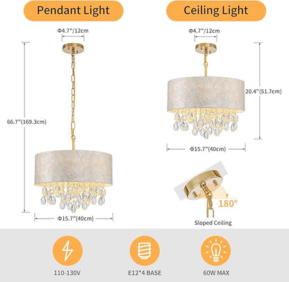 4-Lights Drum Capiz Shell Crystal Chandeliers, Coastal Style Pendant Light Fixture for Dining Room, Living Room, D16 x 20~67"(Adjustable), Shell Lampshade & Gold Finish