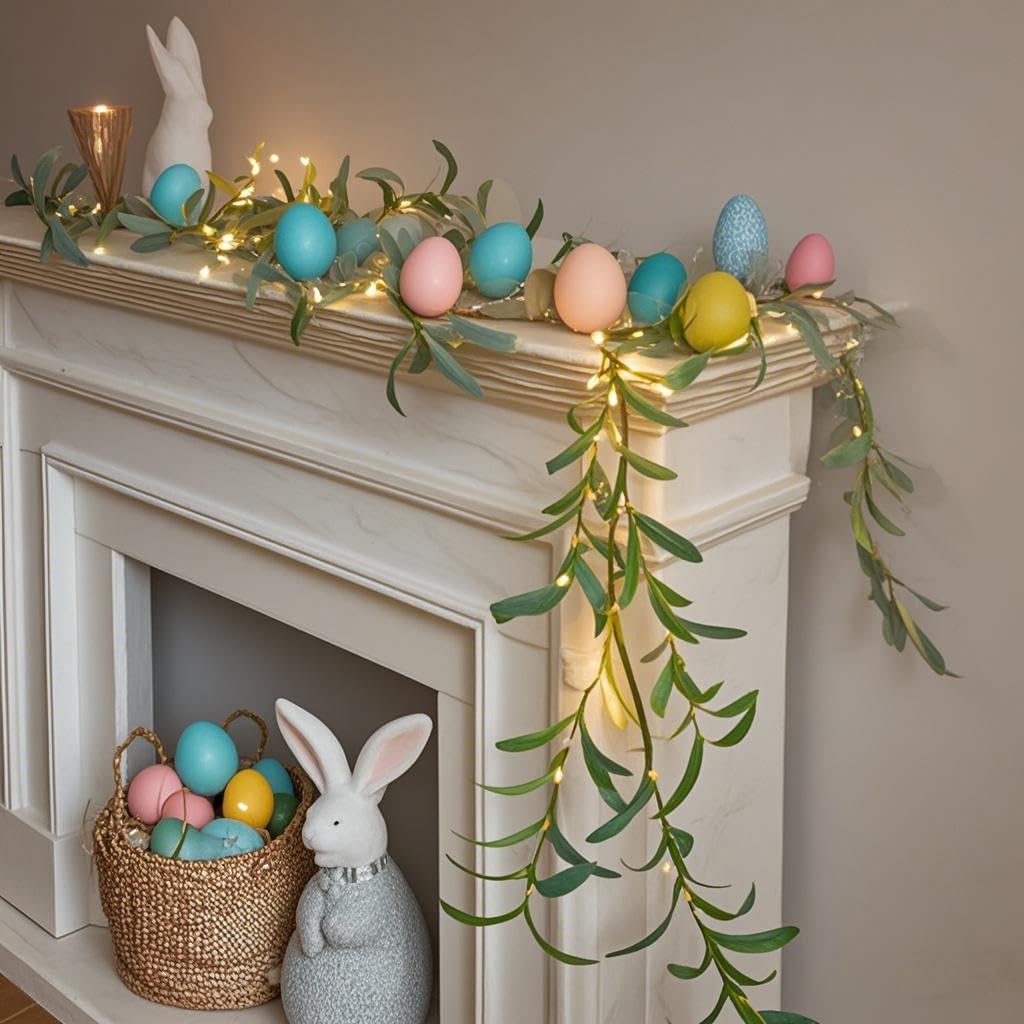 Hairui Lighted Artificial Olive Garland 6FT 96 LED Fairy Lights Battery Operated, Faux Vine Lights with Timer for Spring Christmas Holiday Fireplace Decoration