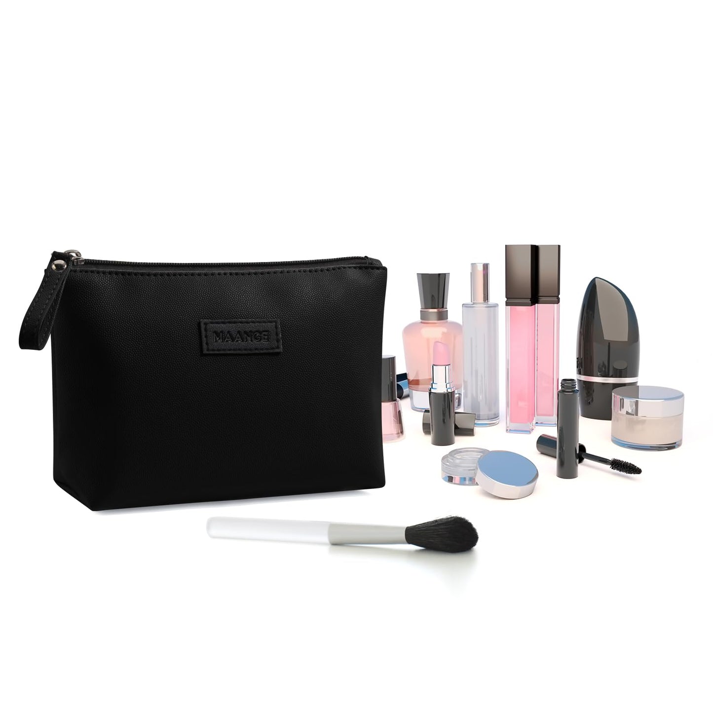 MAANGE Cosmetic Bags for Women Small Makeup Bag for Purse Pu Leather Makeup Pouch Travel Makeup Bag with Zipper Make Up Bag for Travelling (Black)