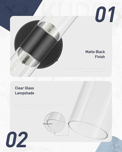 kudos Black Bathroom Sconces Wall Lighting, LED Wall Lights with Crystal Bubble and Clear Glass, 3000K/4500K/6000K Adjustable, KDVL05-BK-2