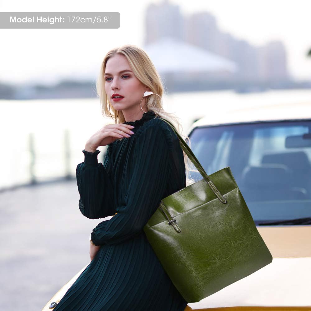 Kattee Vintage Genuine Leather Tote Shoulder Handbag for Woman with Adjustable Handles (Green)