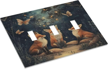 Decorative Art Light Switch Covers Foxes & Forest 3 Gang Triple Toggle Wall Plate Decorative Switch plate Electrical Faceplate for Home Decor