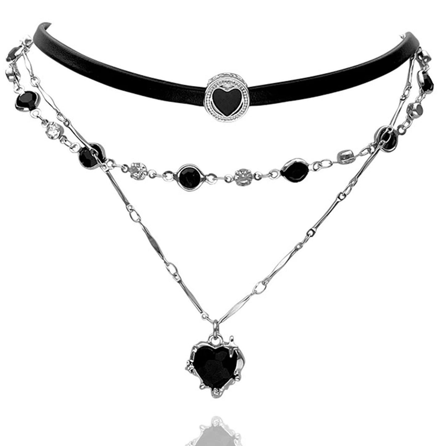 ZDZM 2Pcs Black Heart Necklace Stack With Black Bead Chain, Black Leather Choker Necklace with Heart Charm, Gothic Emo Grunge Y2k Necklace