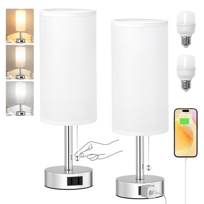 Fenmzee White Silver Bedside Table Lamps Set of 2-3 Color Temperatures Pull Chain Lamp with AC Outlet Charging Port, Two Round Night Stand Lamps for Bedroom, Small Bed Side Light with E26 LED Bulbs