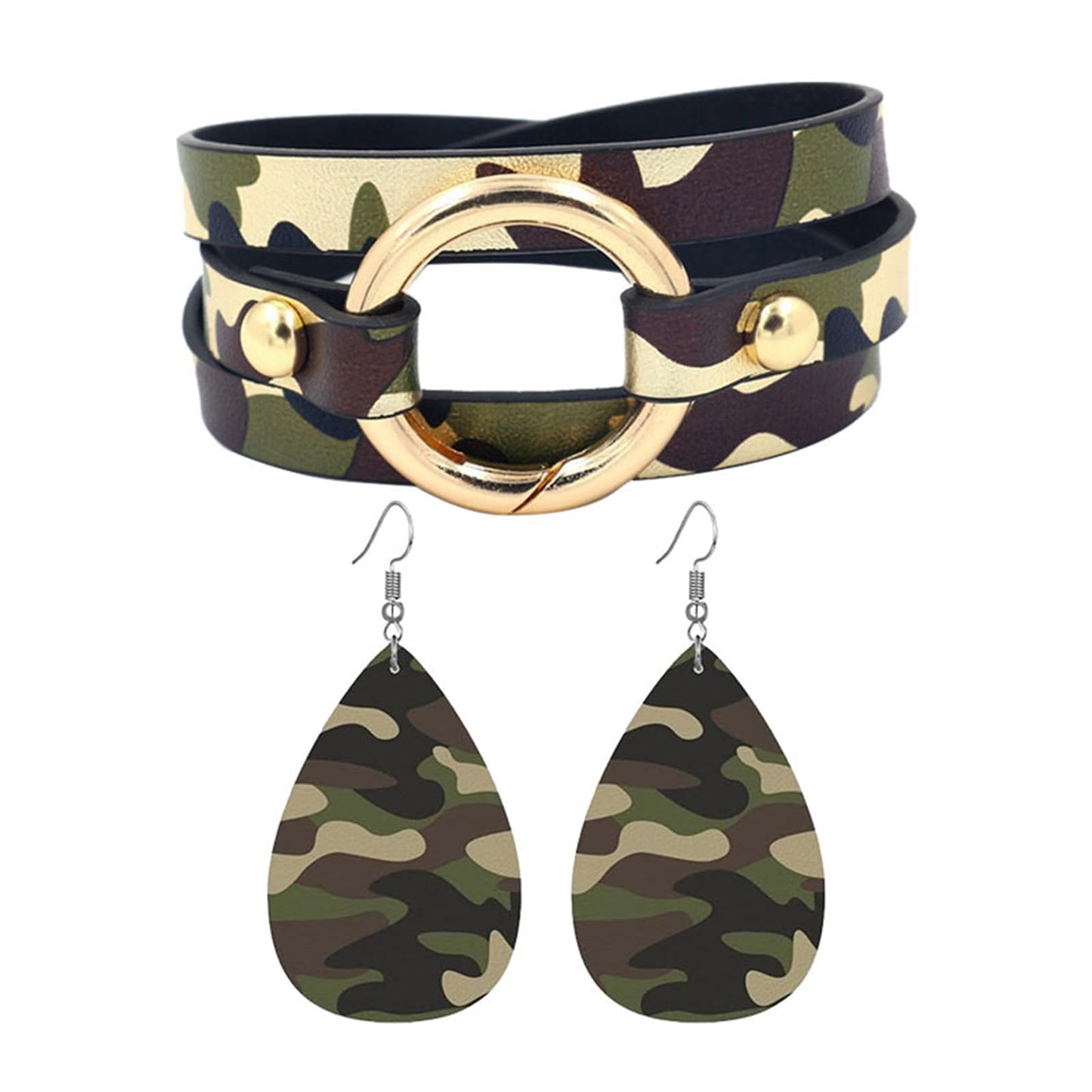 Dreuyet Leather Camo Bracelet for Men Women Boho Camouflage White Black Charm Circle Cuff Bangle Multilayer Stackable Leather Wrap Bracelets Costume Jewelry (Camouflage Earrings and Bracelet)
