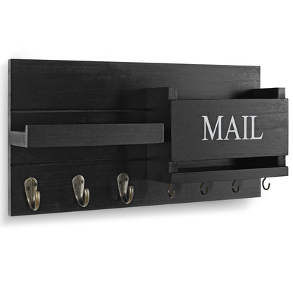 Lwenki Mail Organizer for Wall Mount – Key Holder with Shelf Includes Letter Holder and Hooks for Hallway Farmhouse Decor – Rustic Wood with Flush Mounting Hardware (16.5” x 9.1” x 3.4”) (Black)