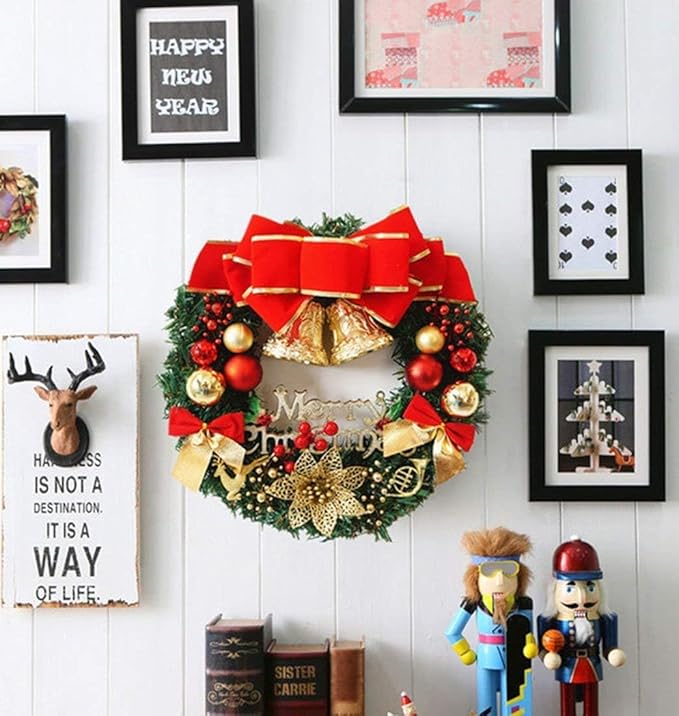 H&W Medium Christmas Wreath (15.8 Inch / 40 cm) for Front Door Wall Windows Artificial Poinsettia Xmas Decoration with Tinkle Bell Bowknot and Small Ornaments (MC7-D1)