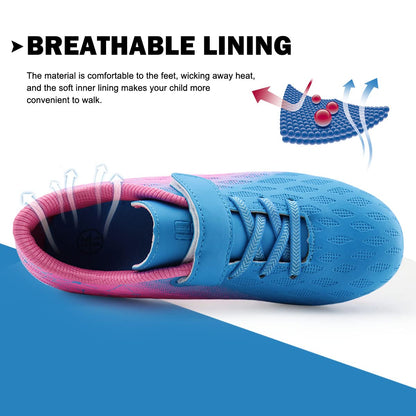 brooman Kids Firm Ground Soccer Cleats Boys Girls Athletic Outdoor Football Shoes(3.5,Blue Pink)