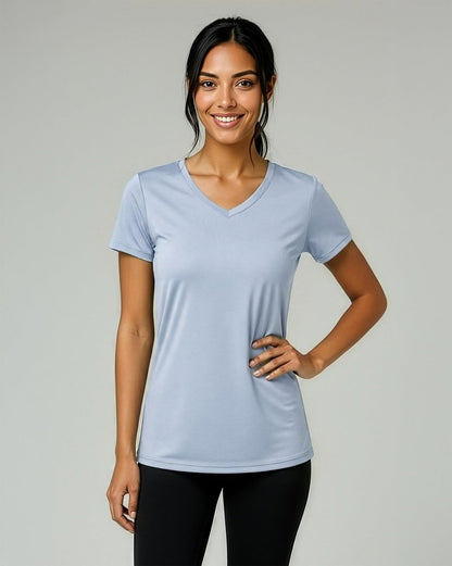Real Essentials 5 Pack: Women's Dry-Fit Short Sleeve V Neck T Shirt Workout Fitness Yoga Top Tee, Set 16, XS
