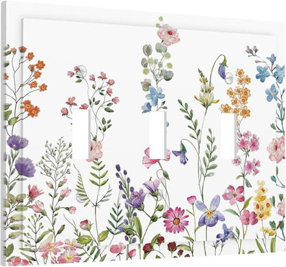 Rustic Wild Floral Vintage Watercolor Flower 3 Gang Wall Plates Decorative Triple Toggle Light Switch Cover Electrical Switchplate Unused Decorate Faceplate for Bathroom Home