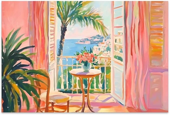 Yesad Matisse Wall Art Prints, Vintage Canvas Wall Art Colorful Poster Pictures Henri Matisse Style Pink Wall Décor for Living Room Bedroom Farmhouse Decorations (Unframed,18”x12”, Balcony)