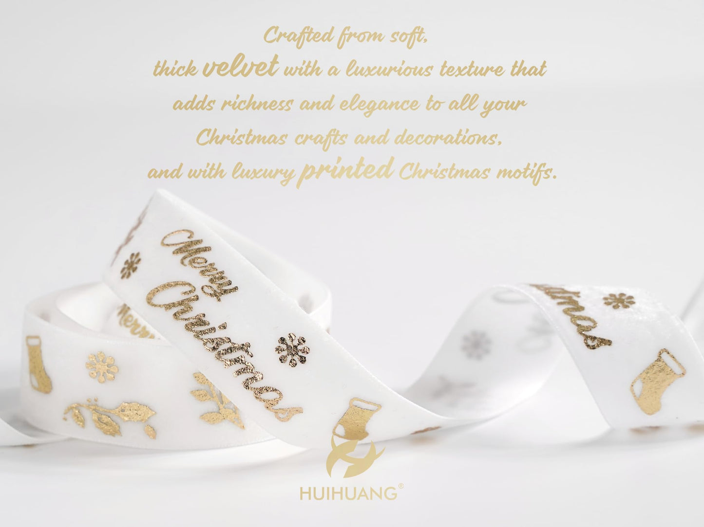 HUIHUANG 1 inch Christmas Velvet Ribbon White Velvet with Gold Printed Merry Christmas Ribbon for Gift Wrapping, Tree Ornaments, Wreaths, Garlands, DIY Crafts, Home Decor- Continuous 10 Yards