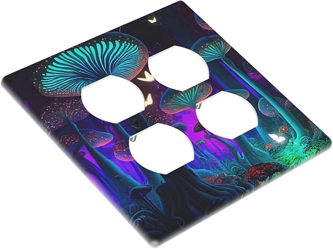 Decorative Light Switch Cover Plate Fantasy Mushroom Forest Glowing Butterfly 2 Gang Socket Covers Double Duplex Wallplates Switch Plates and Outlet Covers for Bathroom Home Decor