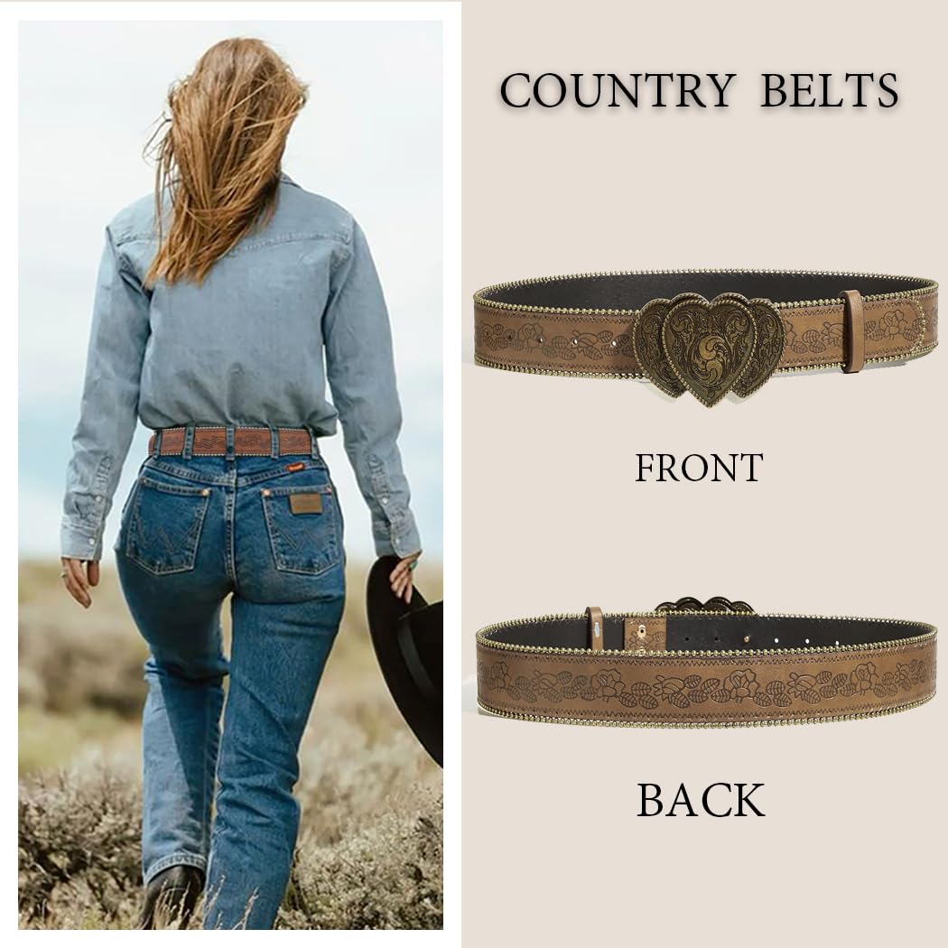 Bounzhi Brown Western Belt for Women Cowgirls Cowboys Leather Belt for Jeans Pant Country Belt with Vintage Buckle (Heart Brown, 34''-43'')