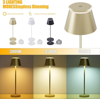 Cordless Table Lamp Rechargeable,5000mAh Battery Operated Desk Lamp,Waterproof Touch Dimmable Light with Remote,3 Color Stepless Dimming Up,for Bedroom/Office/Bars/Camping. (Gold, 1pcs)
