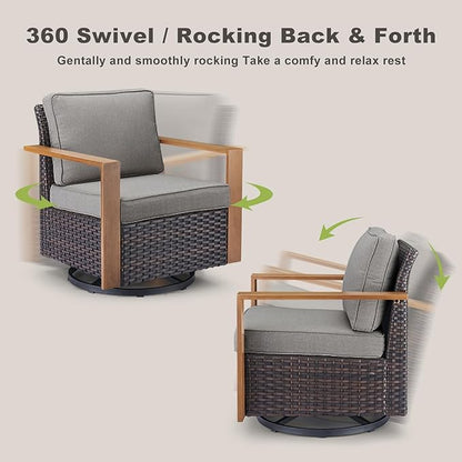 Rilyson Outdoor Wicker Patio Furniture Set - 6 Piece Patio Conversation Set with 2 Wicker Swivel Rocker Chairs,2 Rattan Ottoman,1 Side Table and 1 Couch,Thick Cushions,Deep Seating(Brown/Grey)