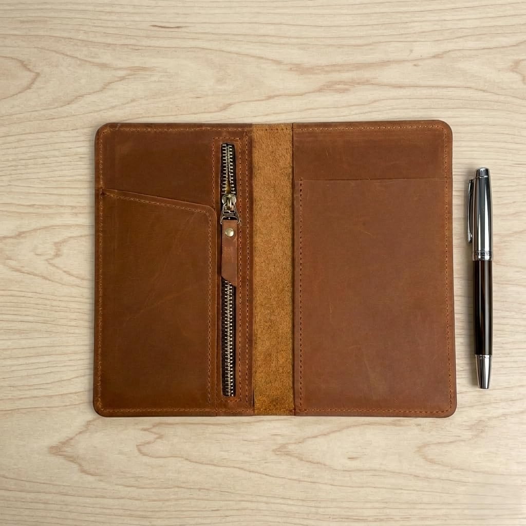 TORAKIP Leather Checkbook Cover – Slim Genuine Leather Checkbook Holder with Zipper Pocket, Checkbook Wallet Organizer for Men & Women, 7" x 3.8", Warm Brown