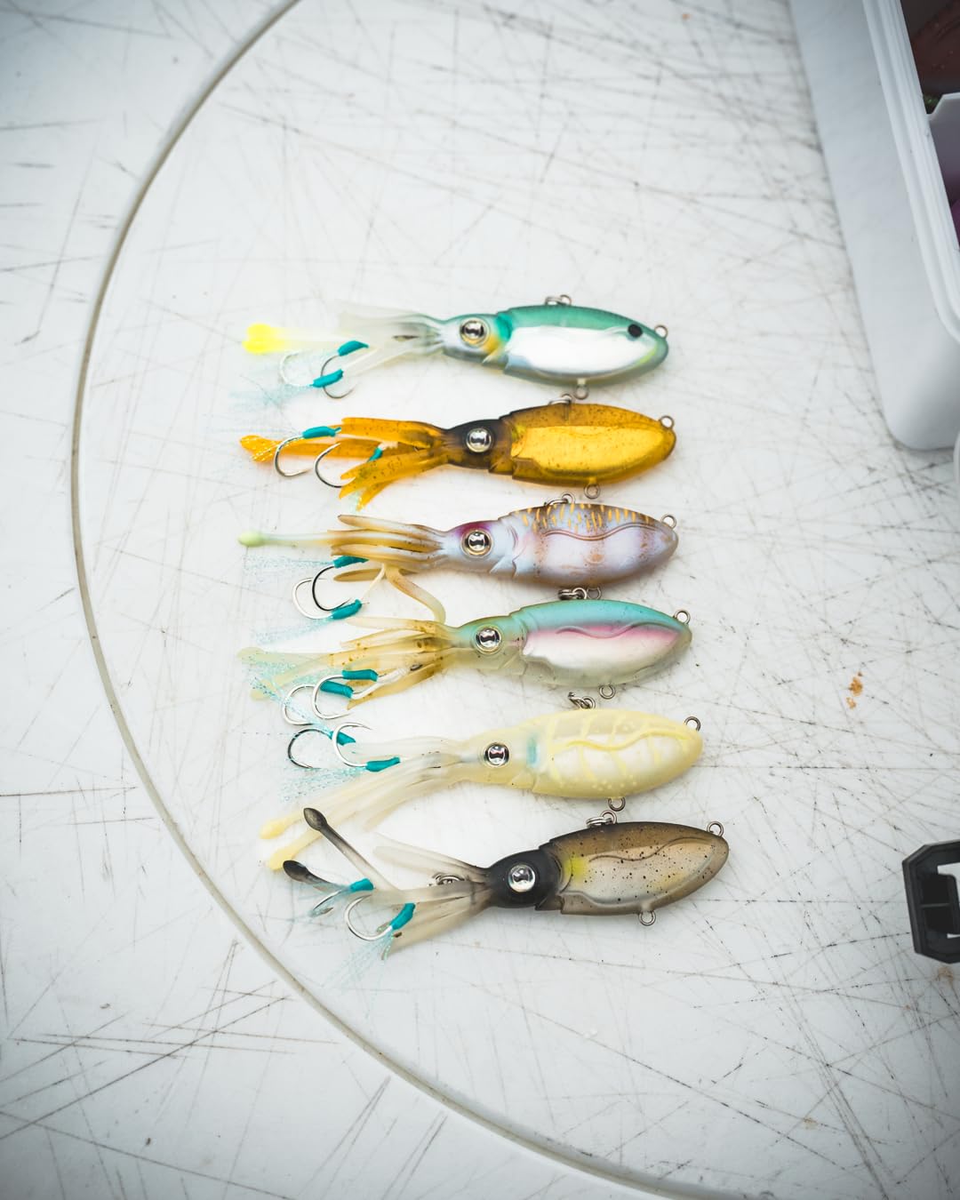 Nomad Design Squidtrex Patented Vibrating Fishing Lure- Scent Added TPE Soft Plastic Lure for Saltwater w/Strong BKK Assist Hooks, Fishing Bait that Catches Many Species, 75mm 1/2oz- Holo Ghost Shad