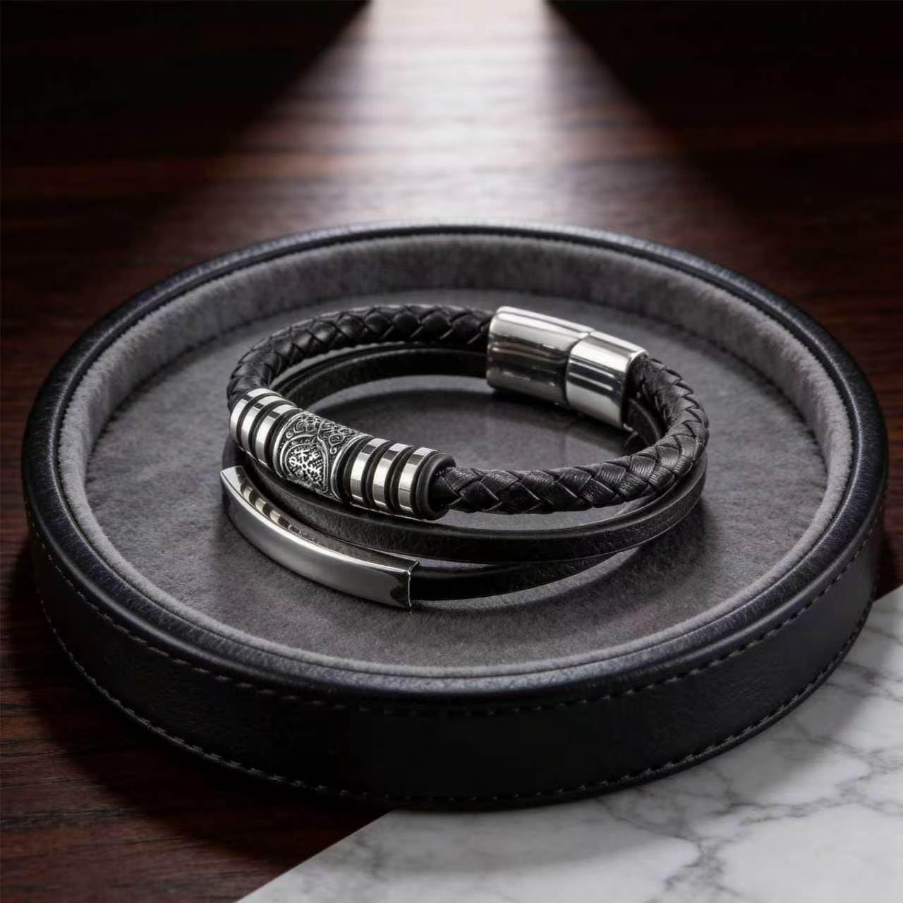 Kim Carrey Italian Handmade Genuine Leather Bracelets for Men Stainless Steel Clip, Men's Casual Genuine Multi-layer Cuff Bracelet, Bracelet Gift for Real Men (8.6" Viking)