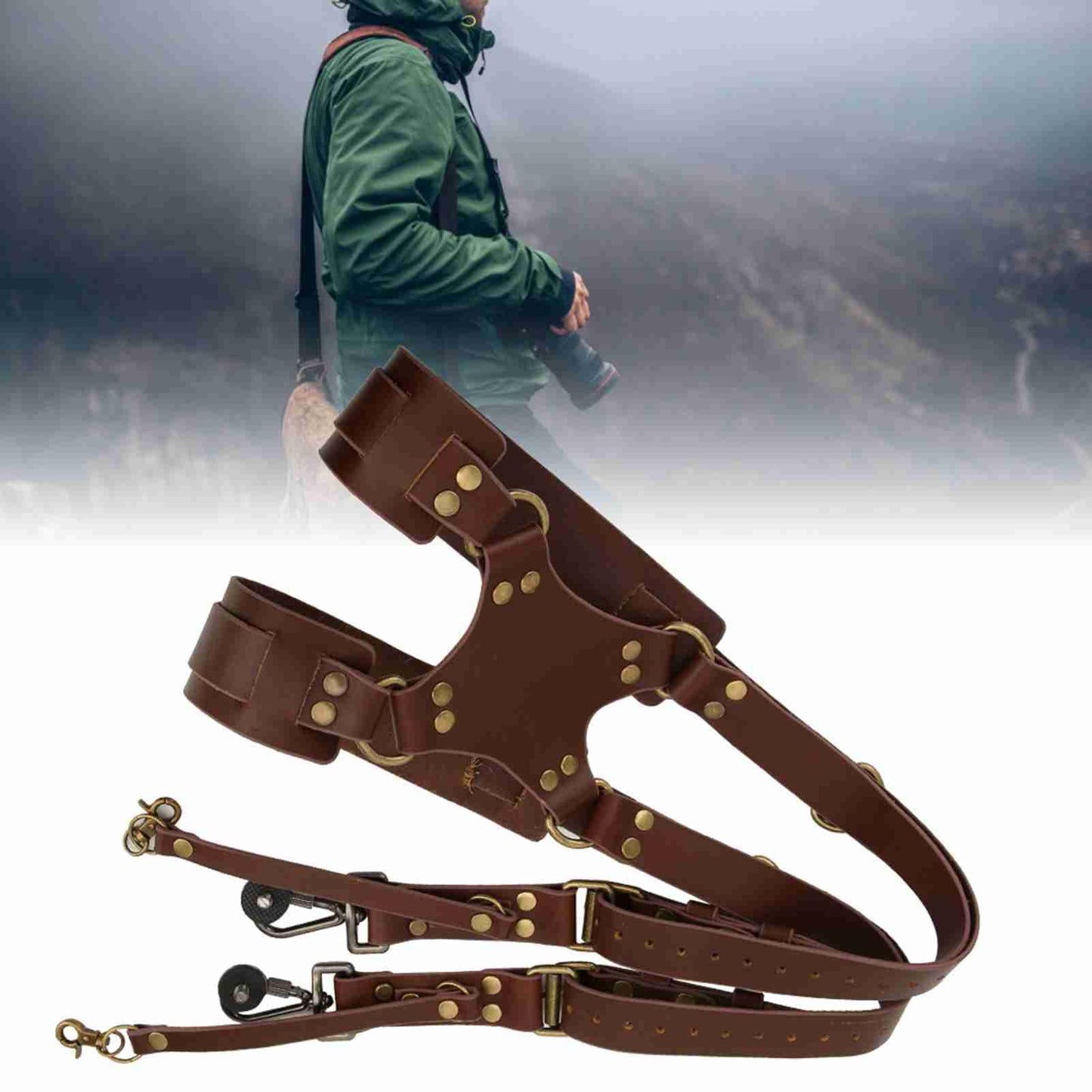 MEKOTRIN Dual Camera Harness & Leather Shoulder Strap Comfortable Carry for Two Cameras, Ideal for Hiking, Weddings and Travel, Adjustable 1/4" Standard Screw Compatibility (Shoulder Width: 13"-20")
