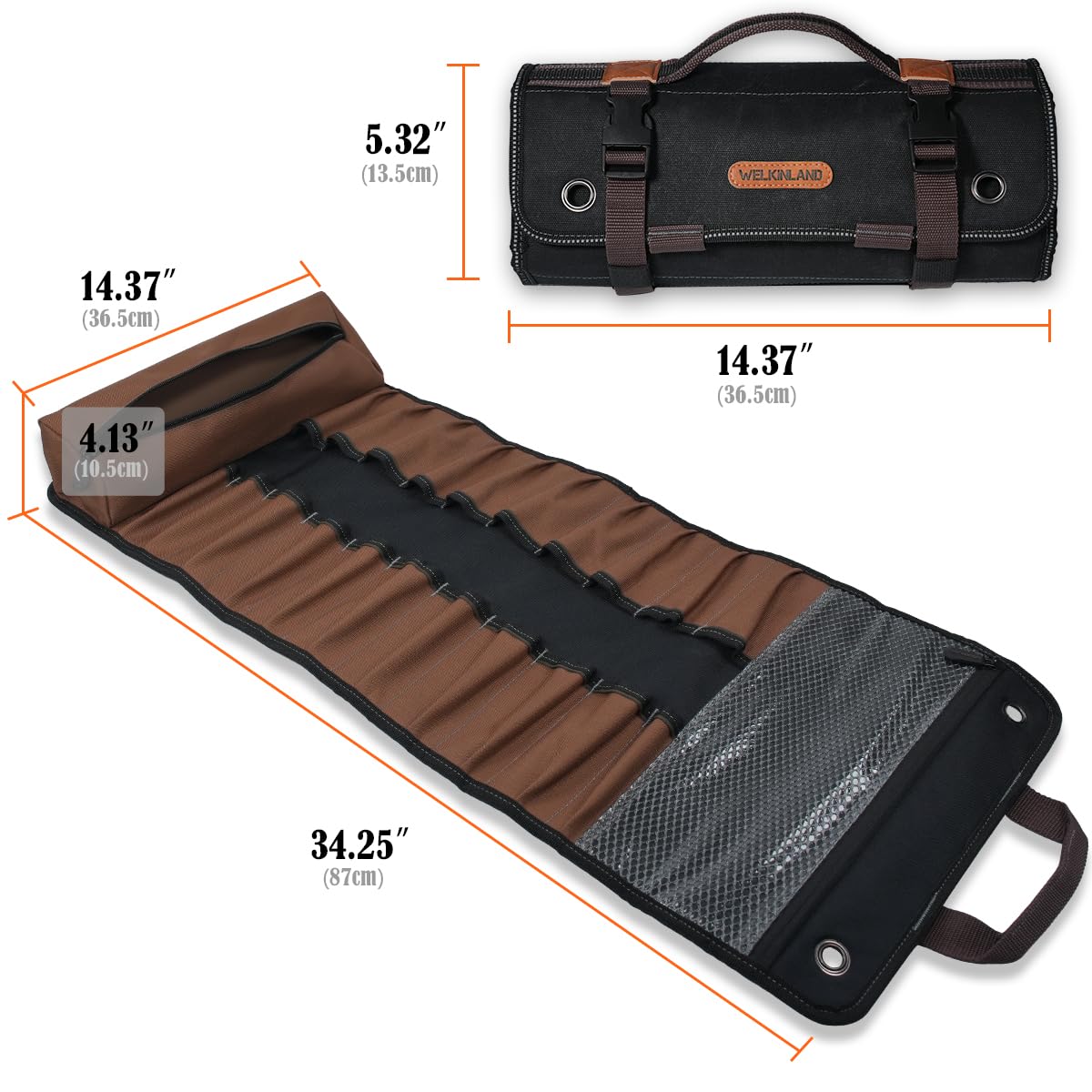 WELKINLAND 23-Pocket Canvas Tool Roll, Heavy-Duty Tool Wrap Roll, Waterproof Canvas Roll Up Tool Bag, 14'' Tool Roll Bag Organizers, Easy-Access Screwdriver Roll Up Pouch