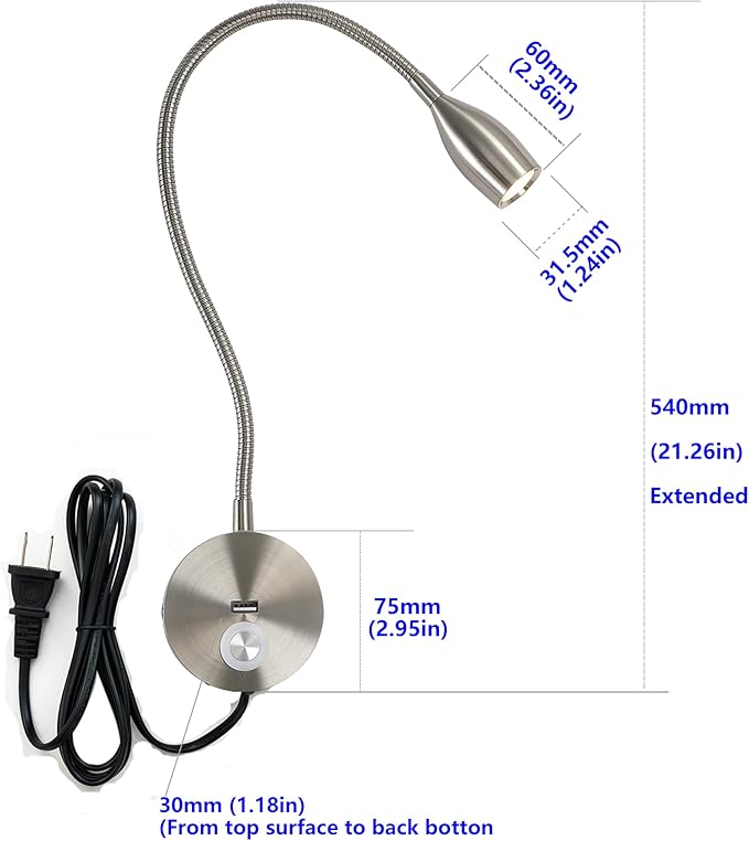 Dimmable Reading Light Plug in Wall Mounted Bedside Headboard Reading Light Task Directional Gooseneck LED Light 3W Output (Brushed Nickel, 120V Plug in, Warm White)