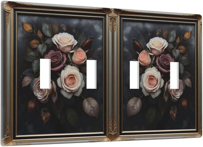 Decorative Art Light Switch Covers Elegant Rose Bouquet Art Quad Toggle 4 Gang Wall Plate Switch plate Electrical Faceplate for Home Decor